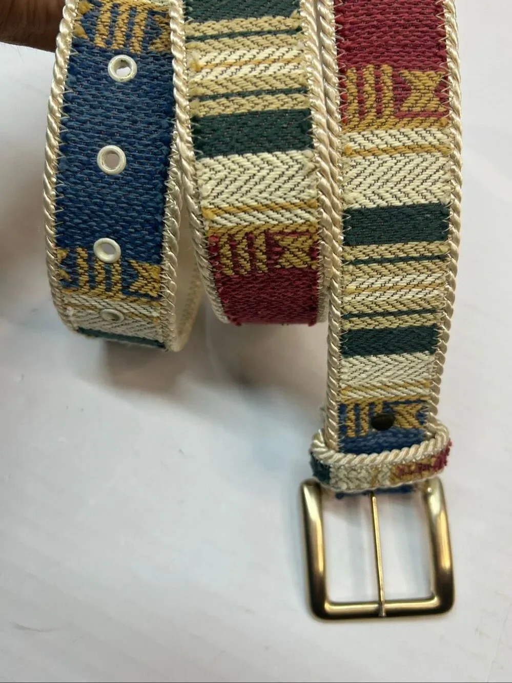 Vintage Woven Aztec Tapestry Belt Size 3X Southwestern Boho Bonded Leather Brass